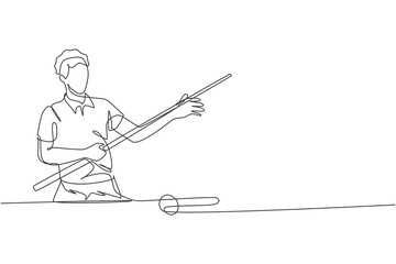 One single line drawing of young handsome man playing pool billiards at billiard room vector illustration graphic. Indoor sport recreational game concept. Modern continuous line draw design