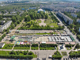 Aerial view of Marshal Konev Square and the market (Kirov, Russia)