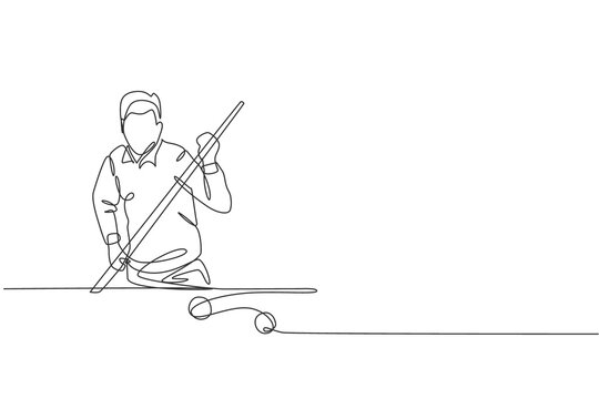 recommend clip art: One single line drawing of young handsome man playing pool billiards at billiard room vector graphic illustration. Indoor sport recreational game concept. Modern continuous line draw design