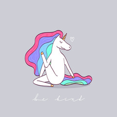 Vector cute unicorn in yoga Ardha Matsyendrasana posture. Funny cartoon magic character with hand lettering Be kind to your mind. 