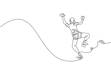 One continuous line drawing of young bravery climber woman practice overhanging wall climbing with safety rope. Dangerous extreme sport concept. Dynamic single line draw design vector illustration