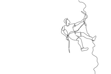 One single line drawing of young active man climbing on cliff mountain holding safety rope vector graphic illustration. Extreme outdoor sport and bouldering concept. Modern continuous line draw design