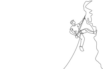 One single line drawing of young active man climbing on cliff mountain holding safety rope graphic vector illustration. Extreme outdoor sport and bouldering concept. Modern continuous line draw design