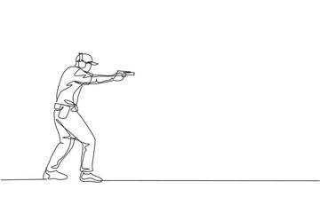 One continuous line drawing of young man on shooting training ground practice for competition with pistol handgun. Outdoor shooting sport concept. Dynamic single line draw design vector illustration © Simple Line