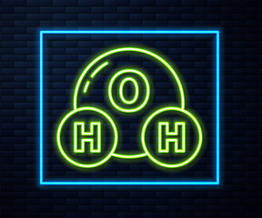 Glowing neon line Chemical formula for water drops H2O shaped icon isolated on brick wall background. Vector Illustration.
