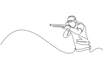One continuous line drawing of young man on shooting training ground practice for competition with rifle shotgun. Outdoor shooting sport concept. Dynamic single line draw design vector illustration © Simple Line