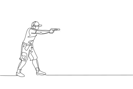 One single line drawing of young man practicing to shot target in range on shooting training ground graphic vector illustration. Clay pigeon shooting sport concept. Modern continuous line draw design