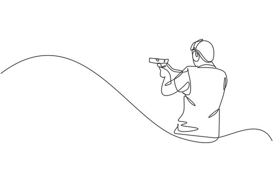 recommend clip art: One continuous line drawing of young man on shooting training ground practice for competition with pistol handgun. Outdoor shooting sport concept. Dynamic single line draw design vector illustration