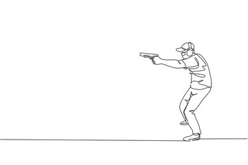 Single continuous line drawing of young athlete man shooter holding gun and training to aim target tactical shooting. Shooting sport training concept. Trendy one line draw design vector illustration