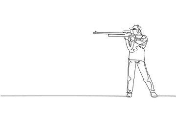 One continuous line drawing young man on shooting training ground practice for competition with rifle gun. Outdoor shooting sport concept. Dynamic single line draw graphic design vector illustration