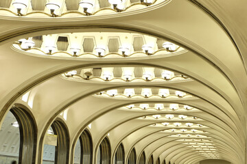MOSCOW, RUSSIA- 10.2017: Mayakovskaya subway station in Moscow, Russia. A fine example of Stalinist...
