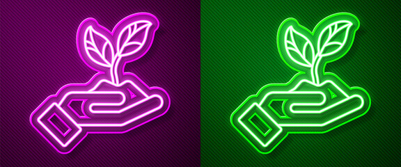 Glowing neon line Plant in hand of environmental protection icon isolated on purple and green background. Seed and seedling. Planting sapling. Vector Illustration.