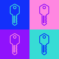 Pop art line House key icon isolated on color background. Vector Illustration.