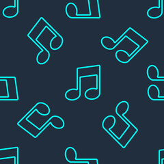 Green line Music note, tone icon isolated seamless pattern on blue background. Vector Illustration.