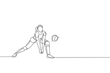 One single line drawing of young female professional volleyball player exercising block the ball on court vector illustration. Team sport concept. Tournament event.  Modern continuous line draw design - obrazy, fototapety, plakaty