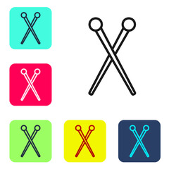 Black line Knitting needles icon isolated on white background. Label for hand made, knitting or tailor shop. Set icons in color square buttons. Vector Illustration.