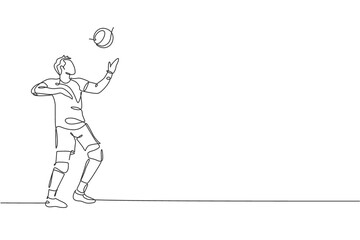 One continuous line drawing young male professional volleyball player in action serve ball on court. Healthy competitive team sport concept. Dynamic single line draw design graphic vector illustration