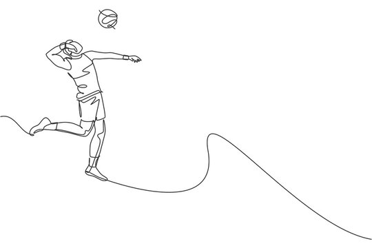 Single Continuous Line Drawing Of Male Young Volleyball Athlete Player In Action Jumping Spike On Court. Team Sport Concept. Competition Game. Trendy One Line Draw Design Vector Graphic Illustration