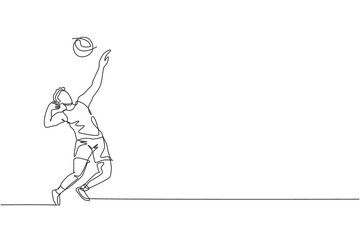Fototapeta na wymiar One continuous line drawing young male professional volleyball player in action serve ball on court. Healthy competitive team sport concept. Dynamic single line draw design vector graphic illustration