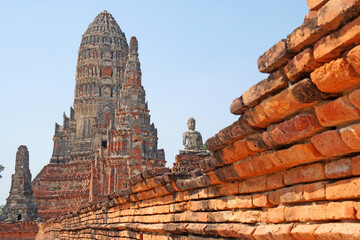 Sculpture Ancient old pagoda at Wat Chai Wattanaram is Famous Landmark old History Buddhist temple in Ayutthaya , Thailand - Unesco Thailand Travel concept