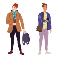 Couple Young mans students in modern autumn trendy clothes. Fashion casual outerwear street style characters. Flat cartoon style vector isolated