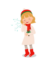 Cute girl in winter clothes coughing. Medical clip art. Flat vector isolated on white.
