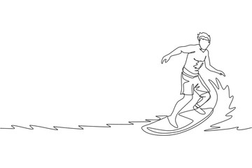 One continuous line drawing young happy tourist surfer exercising surfing on wavy ocean. Healthy extreme watersport concept. Summer holiday. Dynamic single line draw design vector illustration graphic