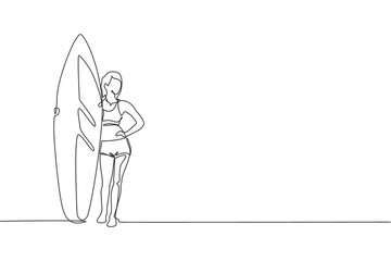 One single line drawing young sporty surfer woman with bikini standing and holding long surf board in beach vector graphic illustration. Extreme water sport concept. Modern continuous line draw design