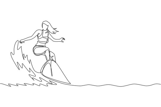 One continuous line drawing young happy tourist surfer exercising surfing on wavy ocean. Healthy extreme watersport concept. Summer holiday. Dynamic single line draw design graphic vector illustration