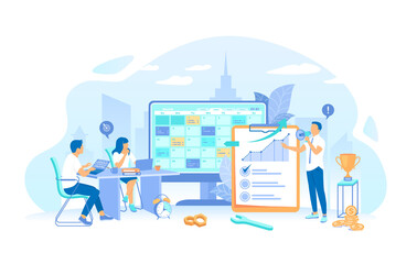 A business team distributed priority tasks for success project. Time Management Planning Schedule. Organization of working time. Working process, teamwork communication. Vector illustration flat style