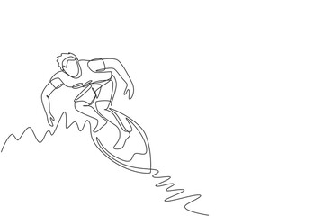 One single line drawing of young sporty surfer man riding on big waves barrel in surfing beach paradise vector illustration. Extreme water sport lifestyle concept. Modern continuous line draw design