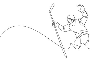 Single continuous line drawing of young professional ice hockey player hold the puck shot and defense on ice rink arena. Extreme winter sport concept. Trendy one line draw design vector illustration