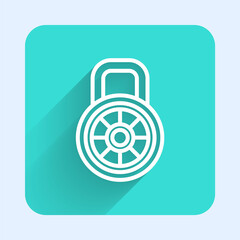 White line Safe combination lock icon isolated with long shadow. Combination padlock. Security, safety, protection, password, privacy. Green square button. Vector.