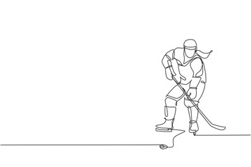 Fototapeta na wymiar One single line drawing of young ice hockey player in action to play a competitive game on ice rink stadium graphic vector illustration. Sport tournament concept. Modern continuous line draw design