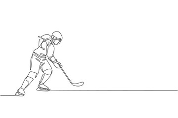 One continuous line drawing of young professional ice hockey player exercising and practicing on ice rink stadium. Healthy extreme sport concept. Dynamic single line draw design vector illustration