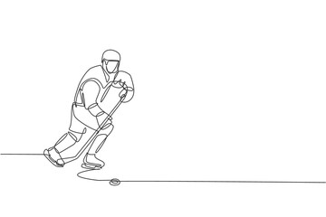 One continuous line drawing of young professional ice hockey player exercising and practicing on ice rink stadium. Healthy extreme sport concept. Dynamic single line draw design vector illustration