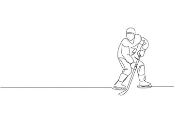 Single continuous line drawing of young professional ice hockey player hit the puck and attack on ice rink arena. Extreme winter sport concept. Trendy one line draw design vector illustration graphic