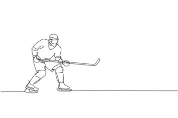 Single continuous line drawing of young professional ice hockey player pose stance defense on ice rink arena. Extreme winter sport concept. Trendy one line draw design vector graphic illustration