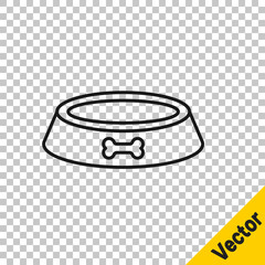 Black line Pet food bowl for cat or dog icon isolated on transparent background. Dog bone sign. Vector.