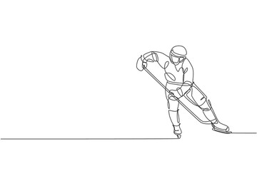 One continuous line drawing of young professional ice hockey player exercising and practicing on ice rink stadium. Healthy extreme sport concept. Dynamic single line draw design vector illustration