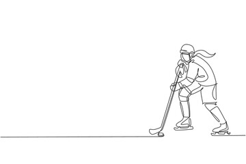 Fototapeta na wymiar One single line drawing of young ice hockey player in action to play a competitive game on ice rink stadium vector graphic illustration. Sport tournament concept. Modern continuous line draw design