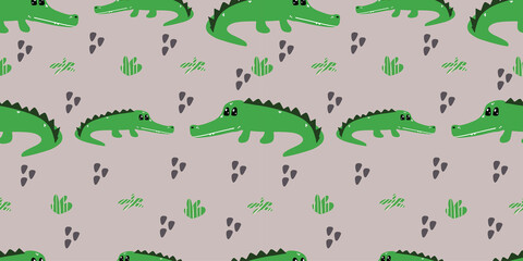 Seamless background with cute crocodile. Decorative cute wallpaper for the nursery in the Scandinavian style. Suitable for children's clothing, interior design, packaging, printing.