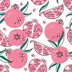 Vector seamless pattern of pomegranate. Juicy pink fruit on a white background with leaves. Design for printing, Wallpaper, fabric, textiles, banner. Simple style