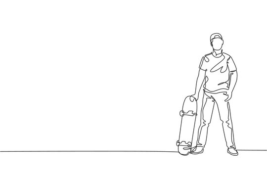One single line drawing of young skateboarder man holding skateboard and pose in city street vector illustration. Teen lifestyle and extreme outdoor sport concept. Modern continuous line draw design