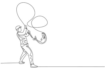 Single continuous line drawing young happy fisher man fly fishing success to catch big trout fish in open river. Fishing hobby holiday concept. Trendy one line draw design vector illustration graphic