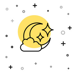 Black line Cloud with moon icon isolated on white background. Cloudy night sign. Sleep dreams symbol. Night or bed time sign. Random dynamic shapes. Vector.