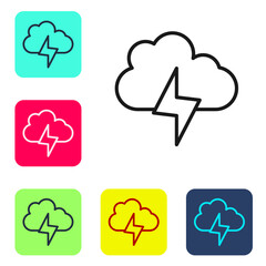 Black line Storm icon isolated on white background. Cloud and lightning sign. Weather icon of storm. Set icons in color square buttons. Vector.