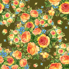 Seamless pattern watercolor bouquet of delicate tea roses with forget-me-not
