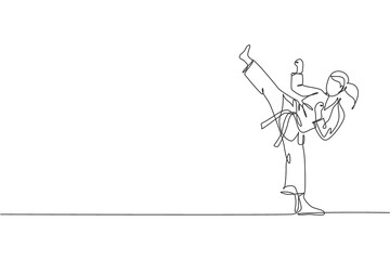 Single continuous line drawing of young confident karateka girl in kimono practicing karate combat at dojo. Martial art sport training concept. Trendy one line draw design vector graphic illustration © Simple Line
