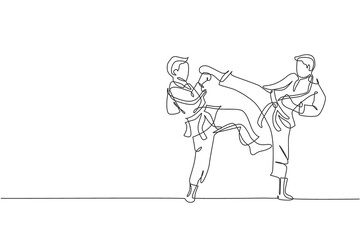 Fototapeta na wymiar Single continuous line drawing two young confident karateka men in kimono practicing karate combat at dojo. Martial art sport training concept. Trendy one line draw design vector graphic illustration